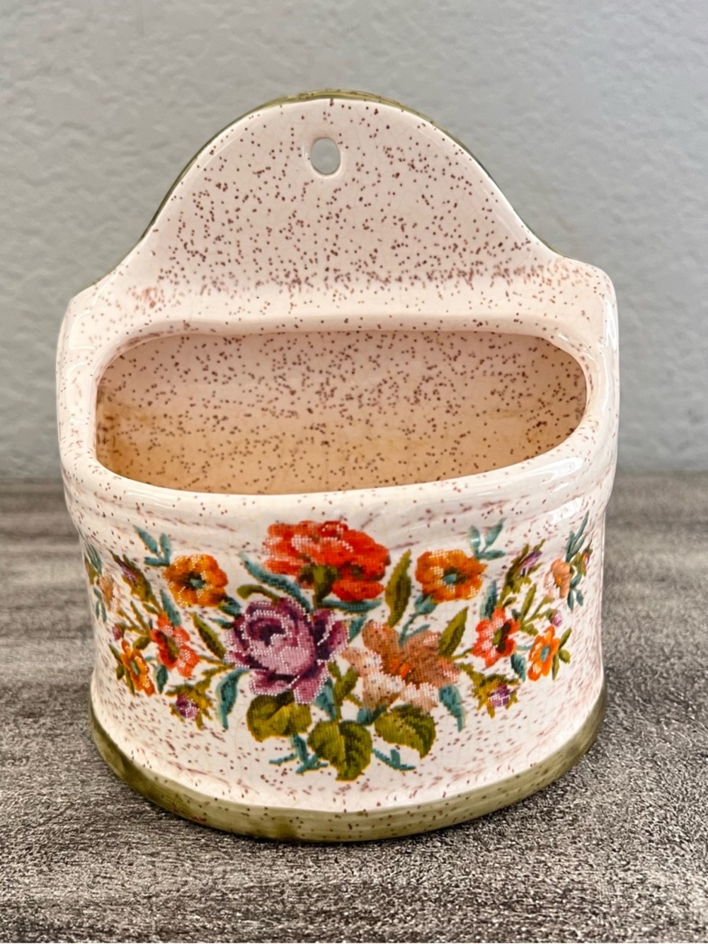 Vintage Ceramic wall Pocket Vase Original California Pottery Cross Stitch Print